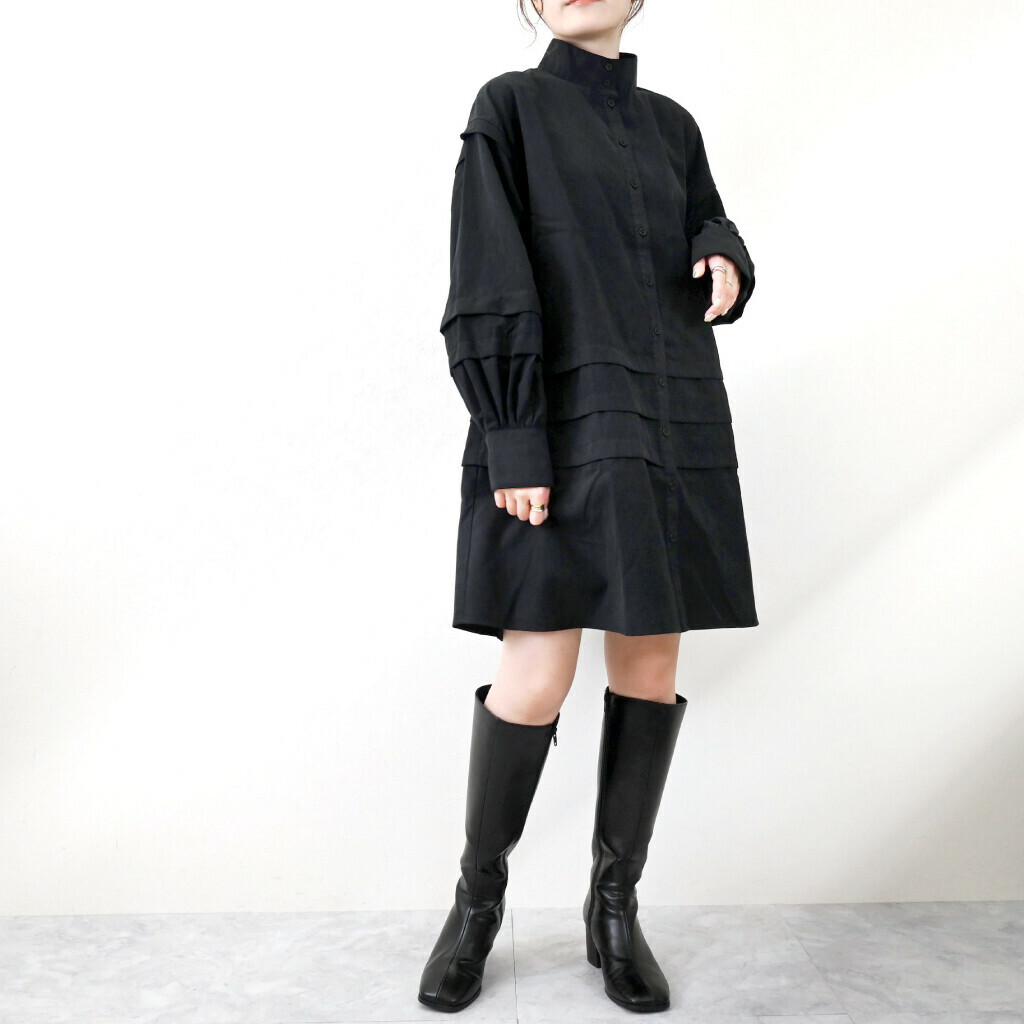 ｛Special Price｝黑色層次皺褶迷你連衣裙【日本直送】