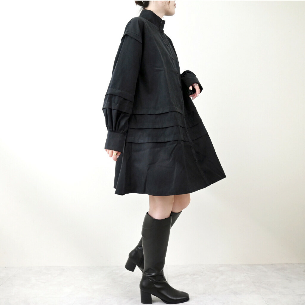 ｛Special Price｝黑色層次皺褶迷你連衣裙【日本直送】