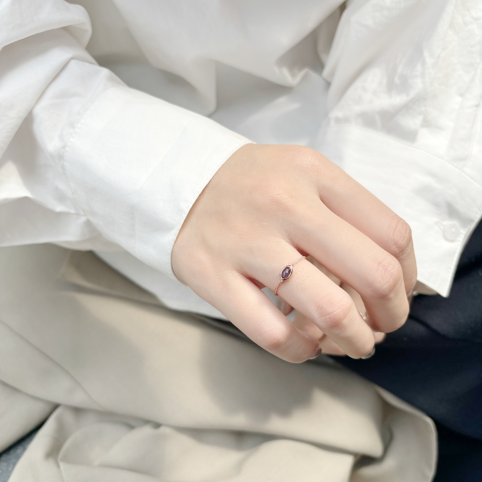 簡約小橢圓菫青石可調式鍊戒