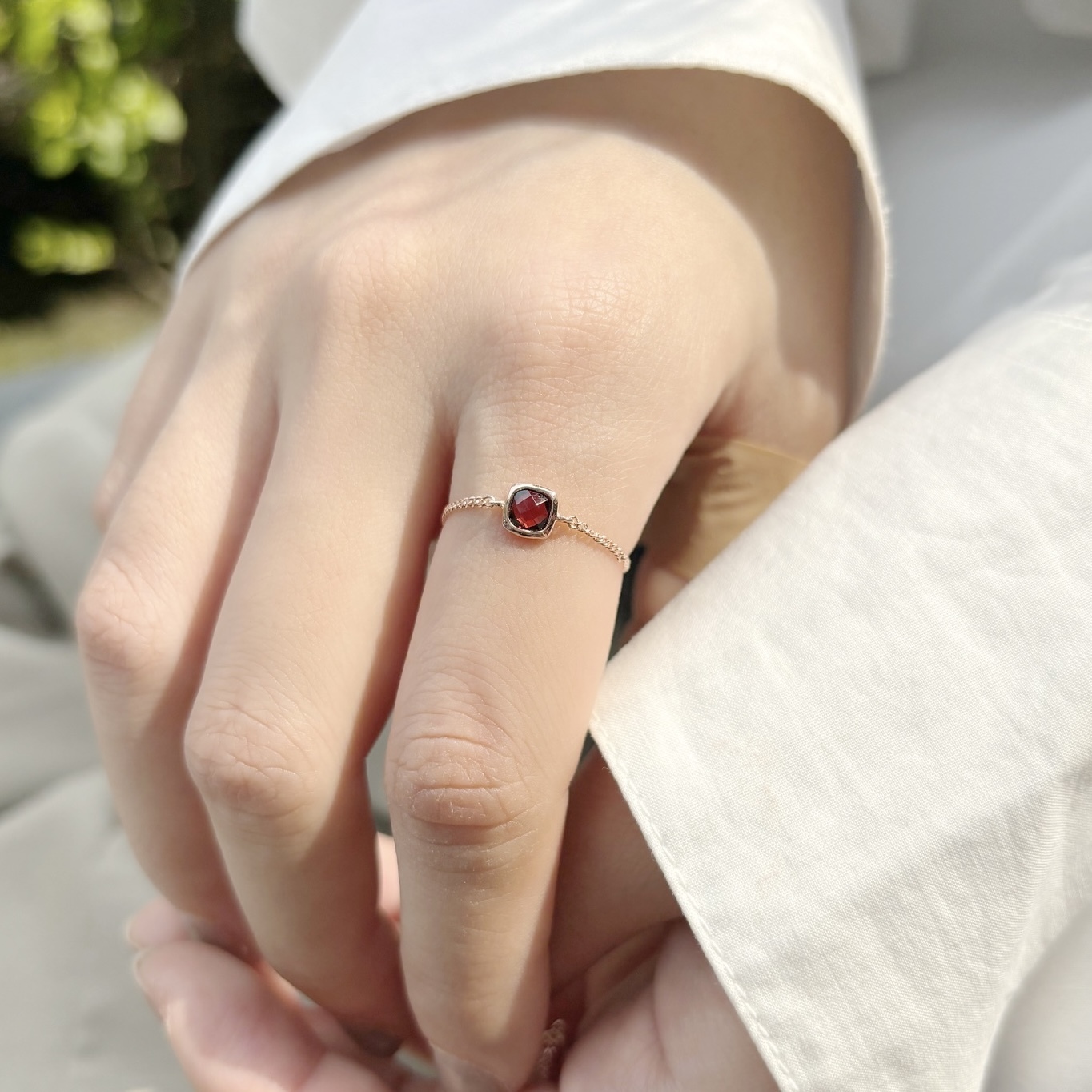 簡約方形石榴石可調式鍊戒