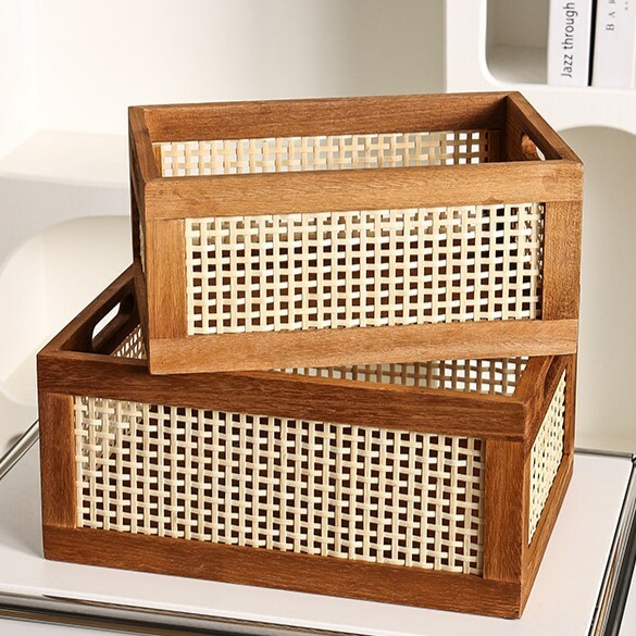 《3758》日式長方復古簍空藤編收納盒