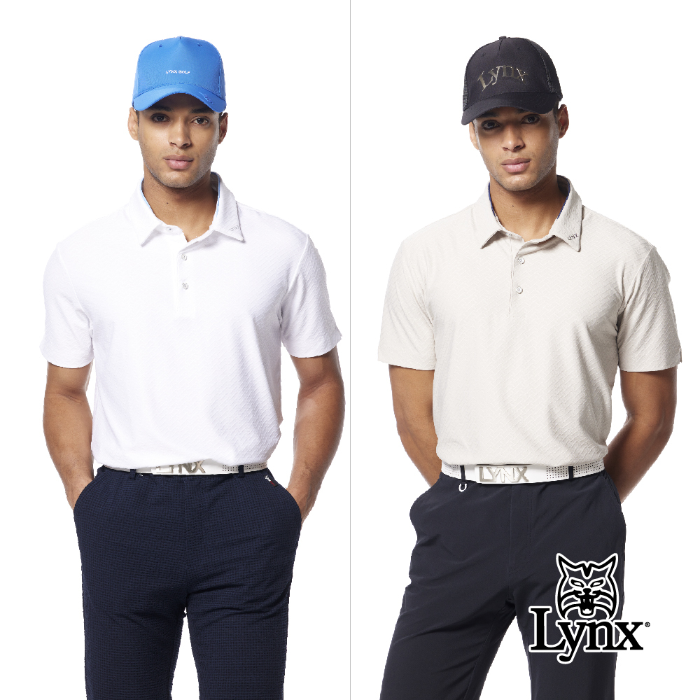 【Lynx Golf】吸排雙面人字紋造型領貼膜袖口開杈POLO衫/高爾夫球衫