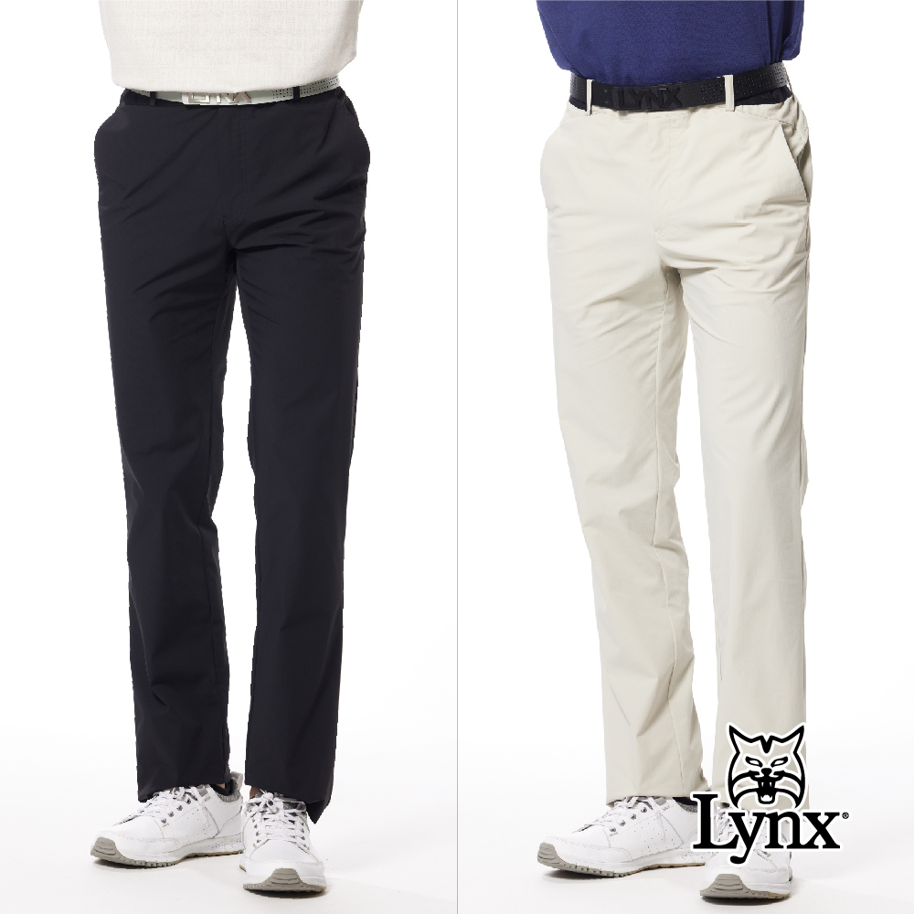 【Lynx Golf】彈性舒適不對稱後袋Lynx織帶平口休閒長褲