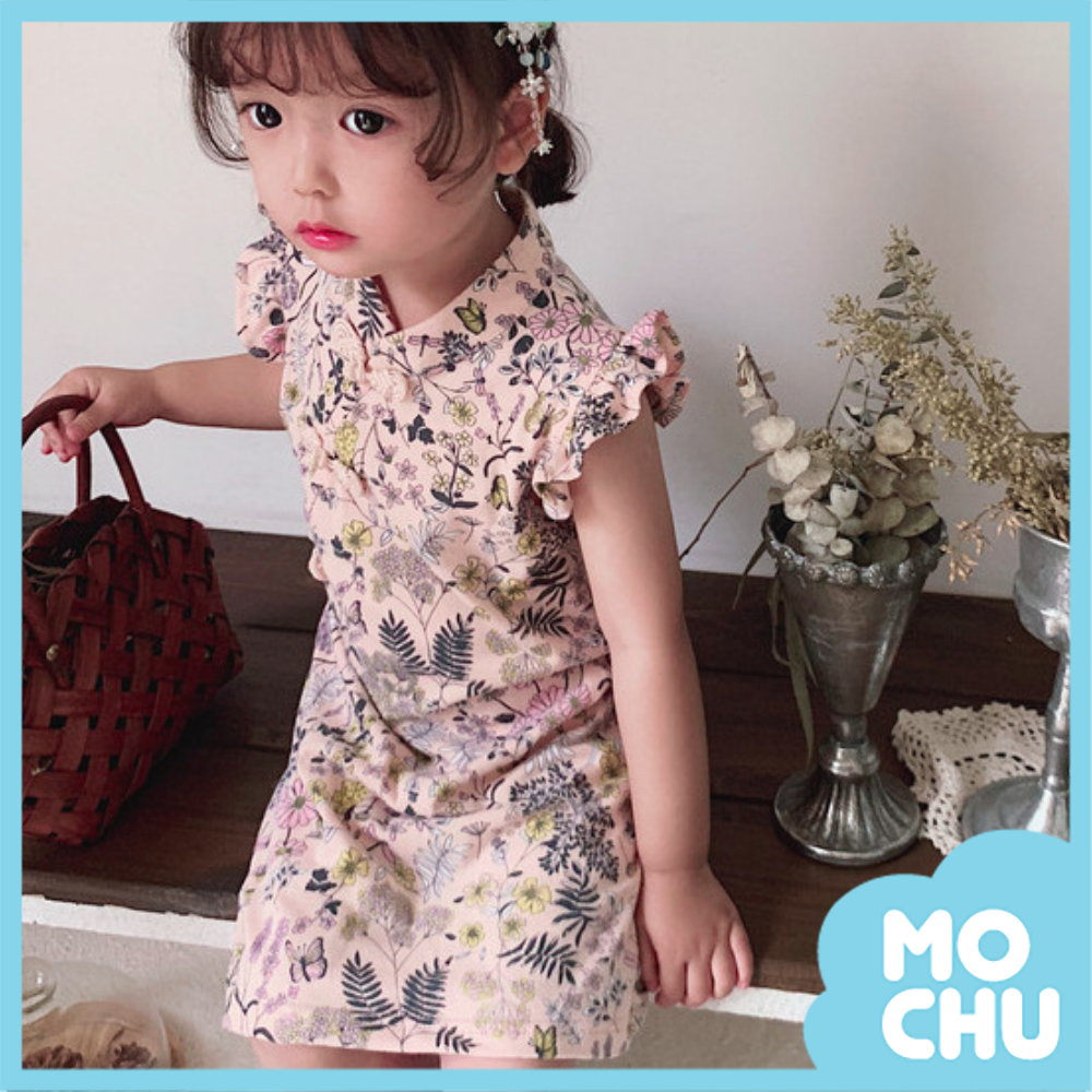 (120.130碼現貨)碎花飛袖旗袍連衣裙