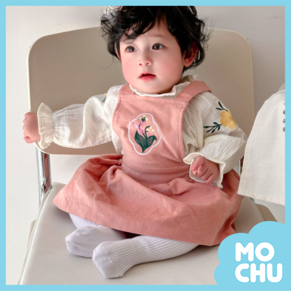 刺繡花圖騰背帶連衣裙(二色）