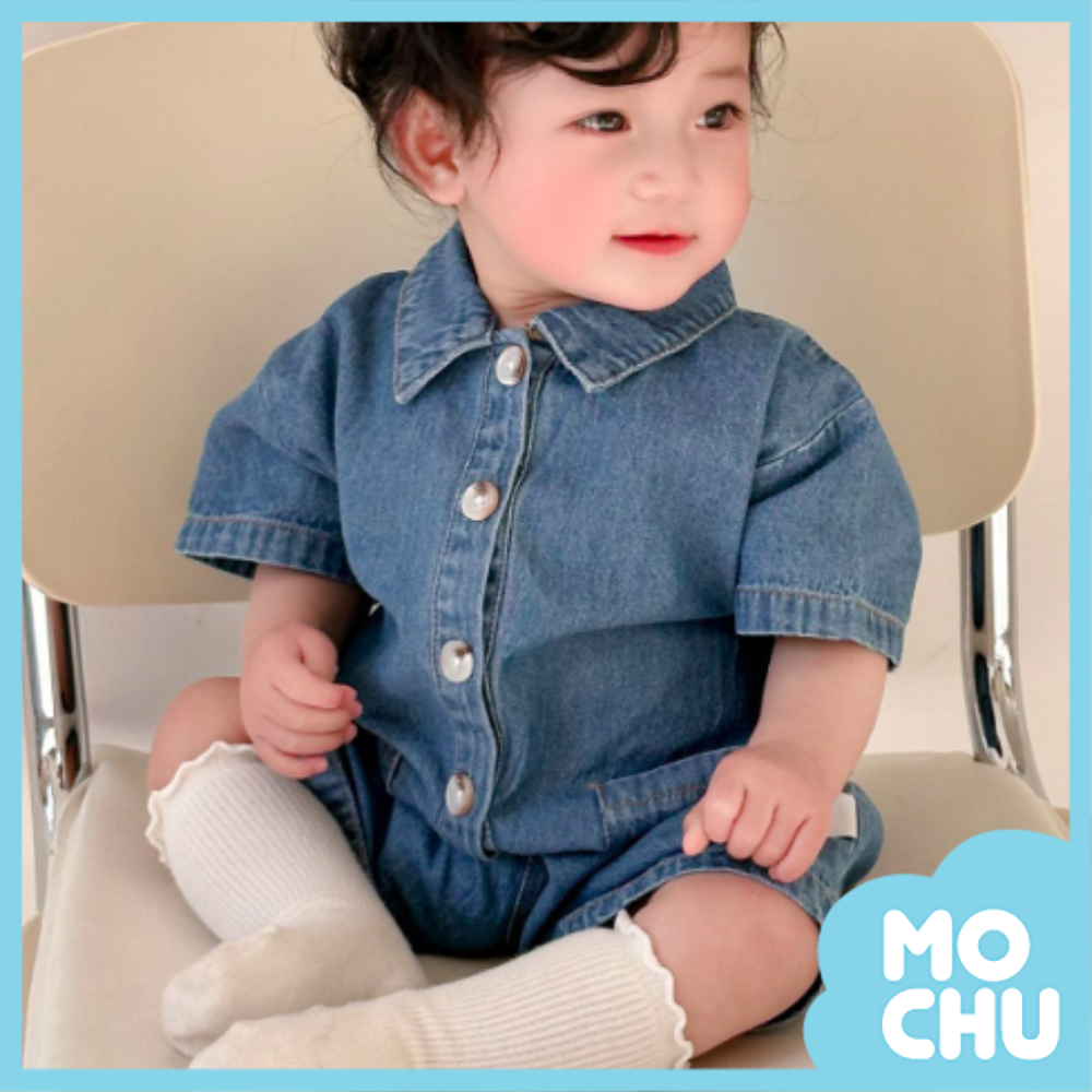 翻領口袋牛仔短袖連身衣(二色）