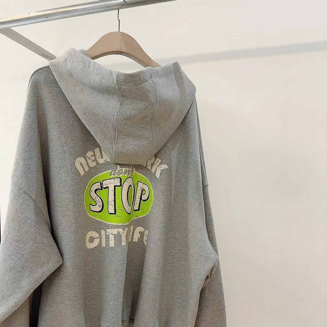 H1-9 寬鬆版繽紛跳色圖字拉鍊連帽外(冷灰)