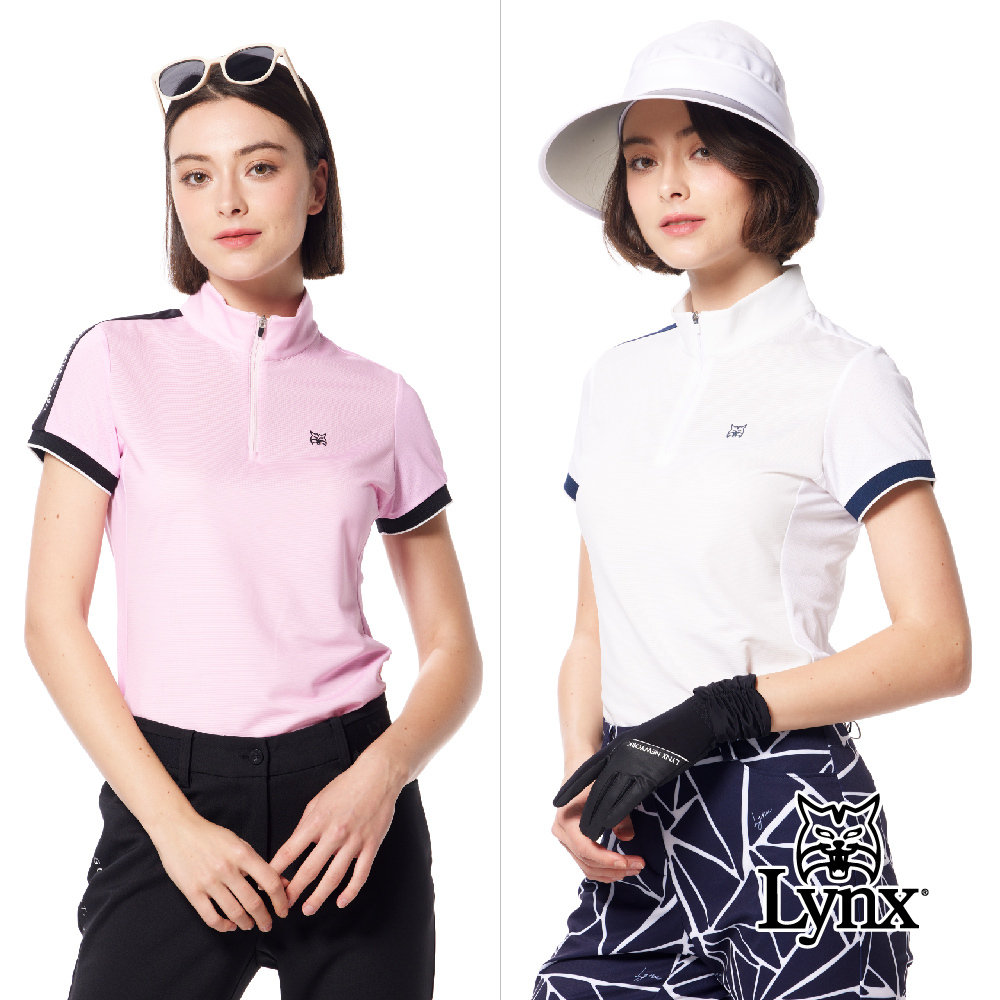 【Lynx Golf】吸排配色羅紋袖異材質剪裁膠標立領POLO衫/高爾夫球衫