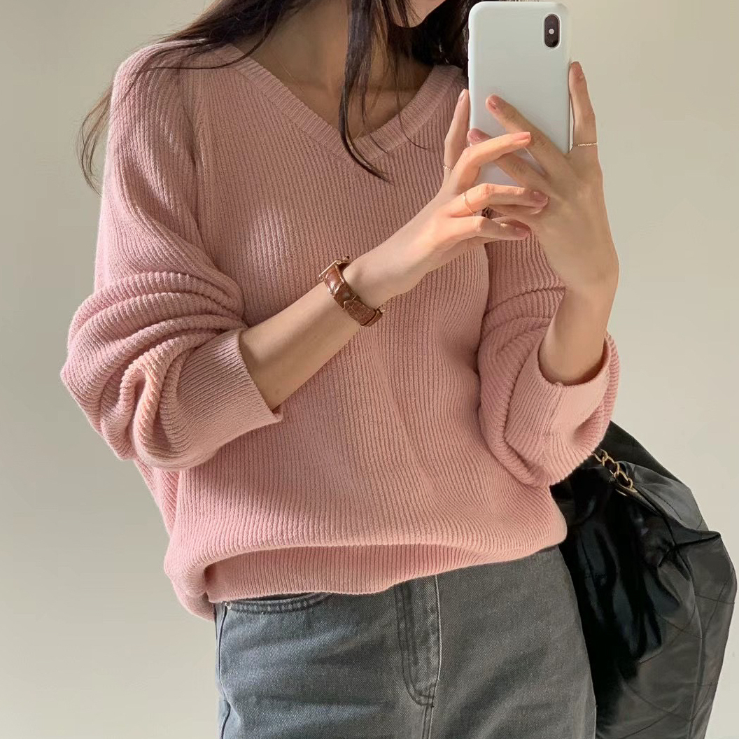 V領柔軟細緻針織衣(粉)