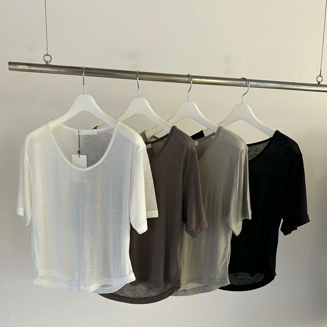 H1-50 U低領鬆弛感透短T(黑)