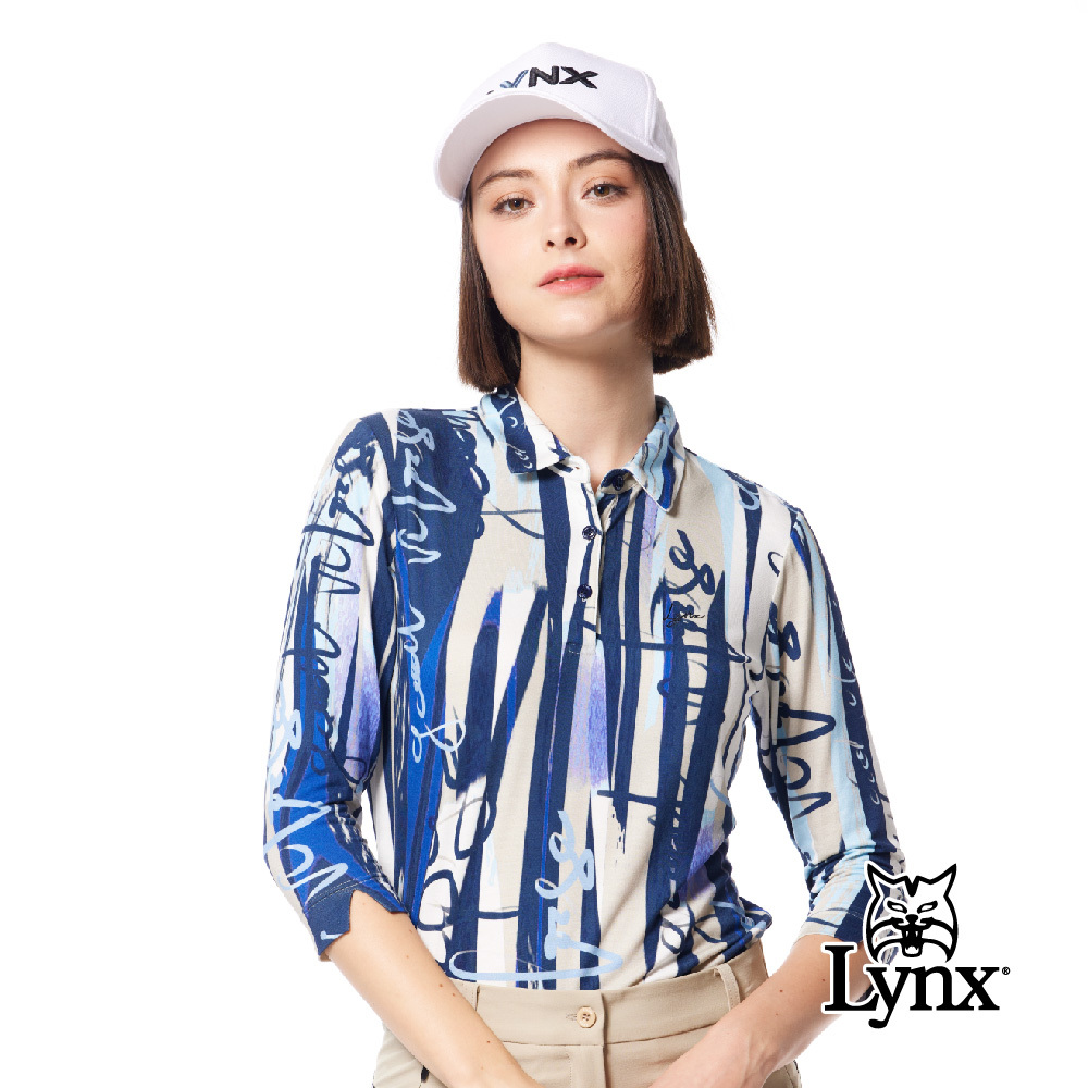【Lynx Golf】歐洲布料柔軟草寫印花袖口開杈七分袖POLO衫
