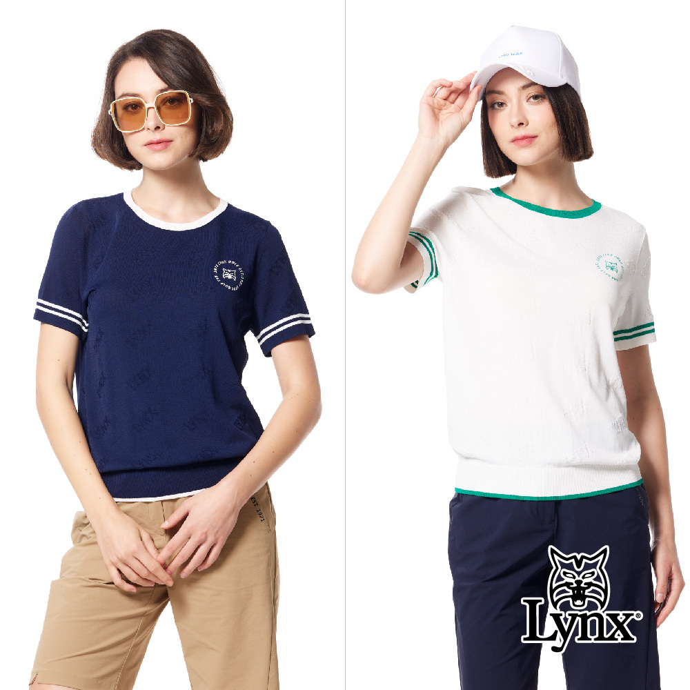 【Lynx Golf】彈性舒適羅紋配色設計LOGO緹花圓領毛衣
