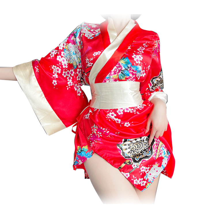 大和美人 三件式日系立體蝴蝶結腰封側高衩印花和服