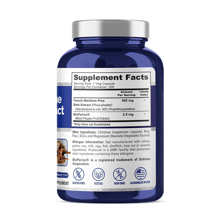 NusaPure French Maritime Pine Bark EXtract 400mg  with Bioperine  , 200 Veg Caps