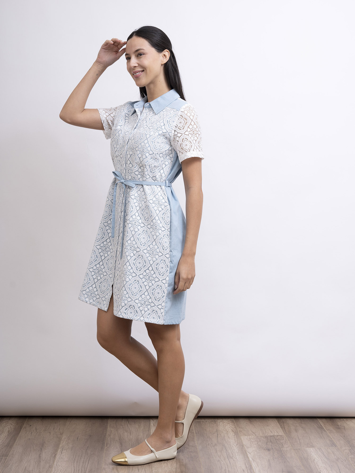 mi-tu 蕾絲拼牛仔布恤衫連身裙