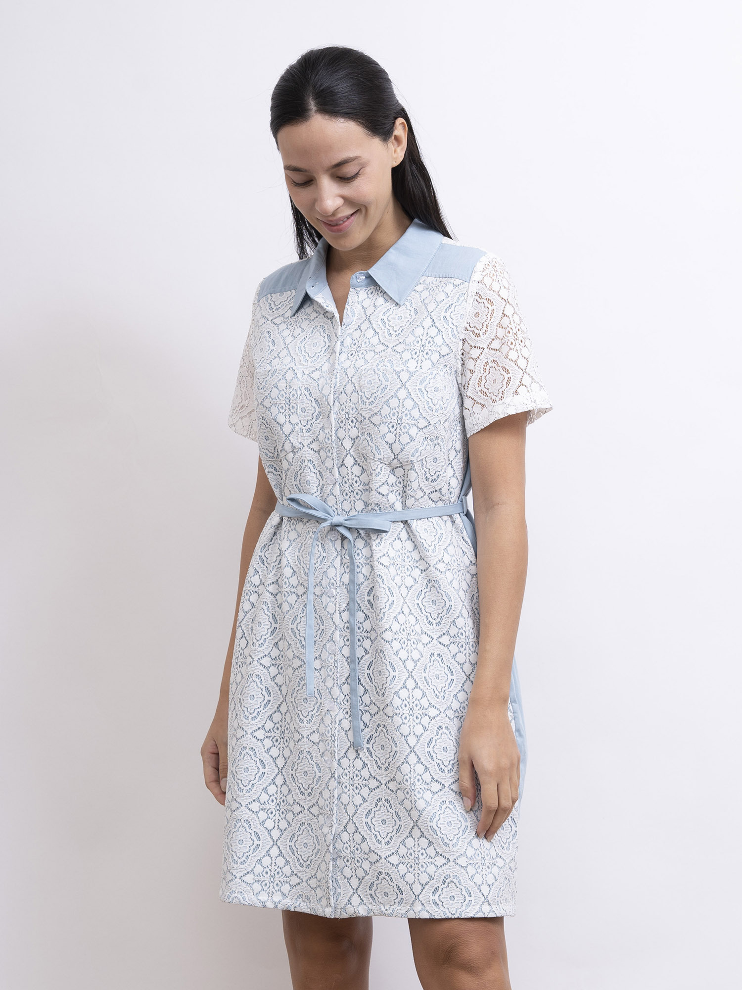 mi-tu 蕾絲拼牛仔布恤衫連身裙