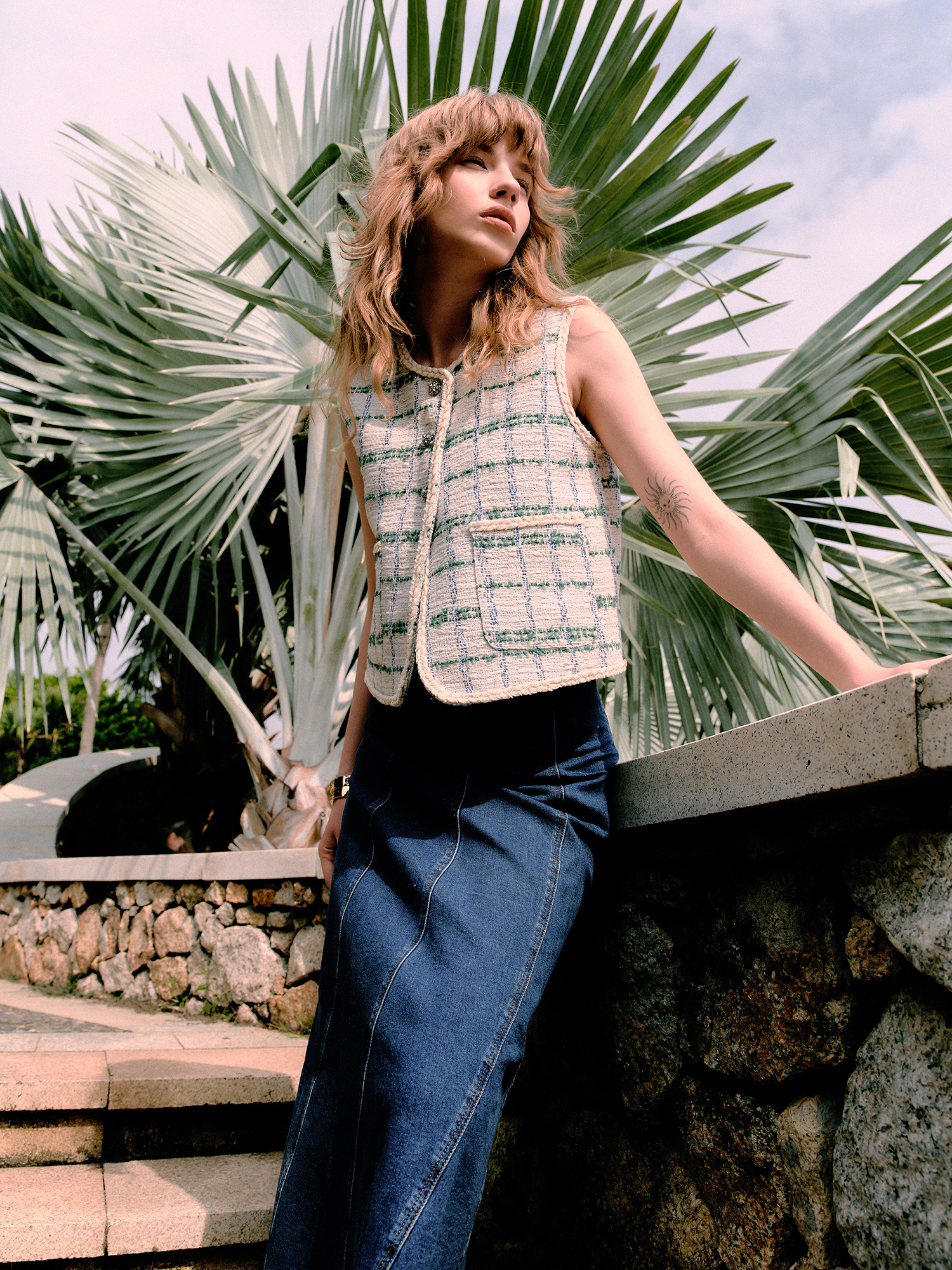 mi-tu 粗花呢背心外套