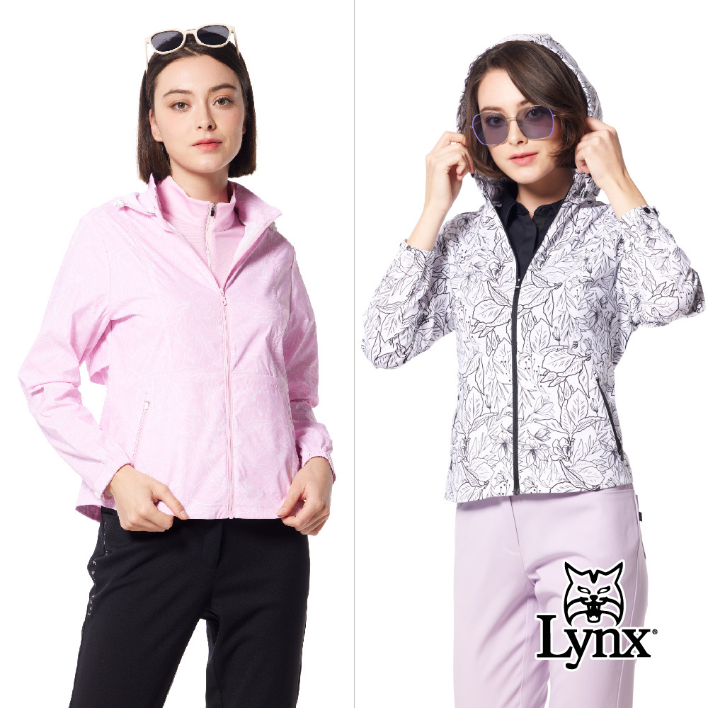 【Lynx Golf】防撥水抗UV花草印花風格拉鍊口袋可拆式連帽外套