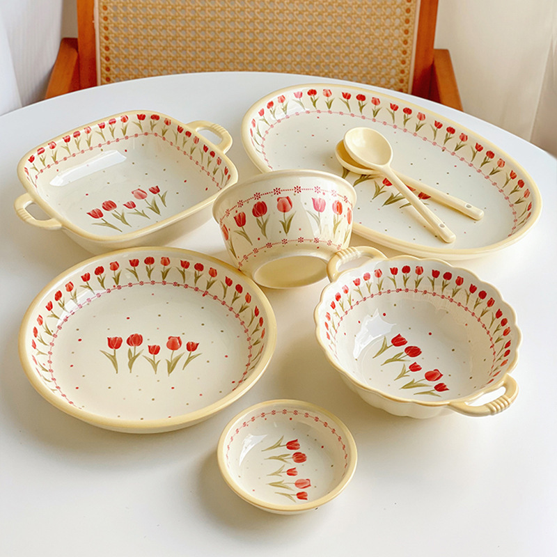 《3762》奶油風溫暖鬱金香陶瓷餐盤組