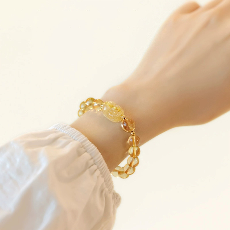 【招財吞金獸】金髮晶貔貅+巴西黃水晶手鍊/水晶手串(6mm/8mm)(情侶款)