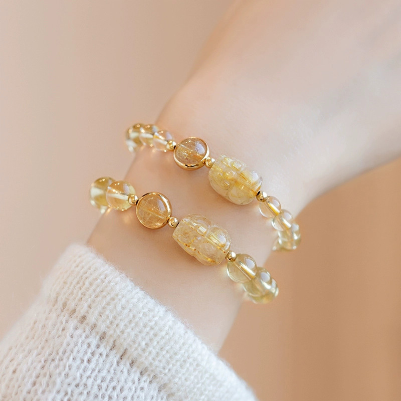 【招財吞金獸】金髮晶貔貅+巴西黃水晶手鍊/水晶手串(6mm/8mm)(情侶款)