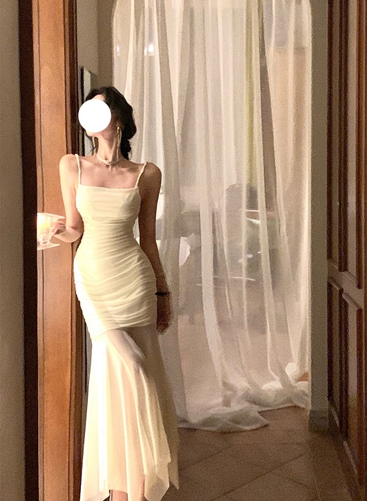 優雅皺褶 波浪雪紡長洋裝