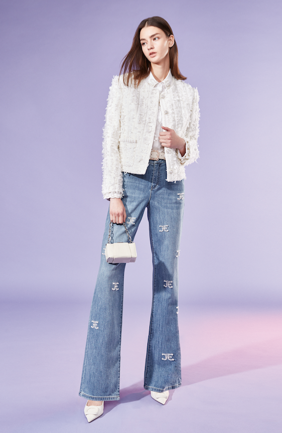 BD10312B1 巴特羅水波舞珍珠logo牛仔直筒褲