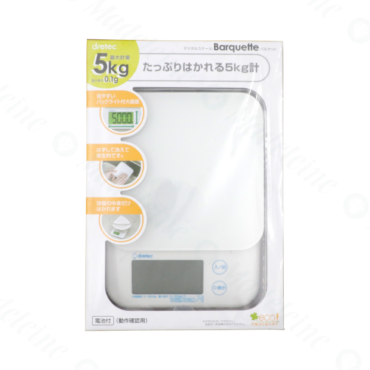 [ Dretec 烘焙器具 ] 日本『巴克特』高精度玻璃廚房料理電子秤－白色－5kg/0.1g（非商業交易用）
