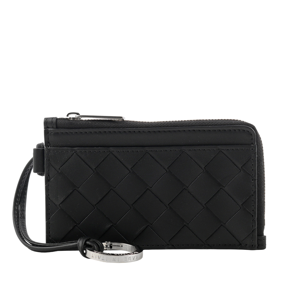 【BOTTEGA VENETA】L 型銀色拉鍊小牛皮編織附鑰匙釦卡包/零錢包