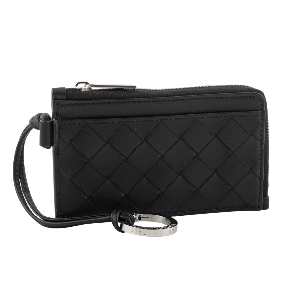 【BOTTEGA VENETA】L 型銀色拉鍊小牛皮編織附鑰匙釦卡包/零錢包(黑色) 775544 VCPQ3 8803