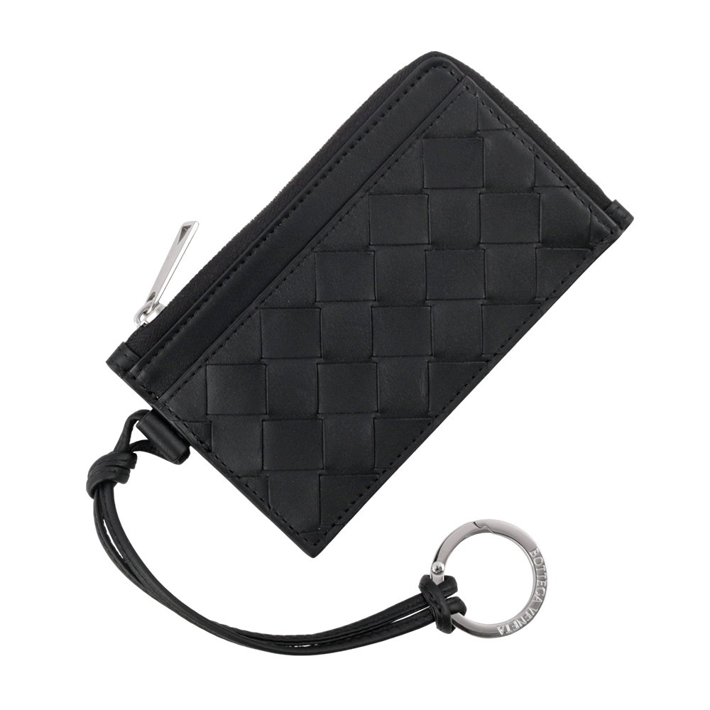 【BOTTEGA VENETA】L 型銀色拉鍊小牛皮編織附鑰匙釦卡包/零錢包(黑色) 775544 VCPQ3 8803