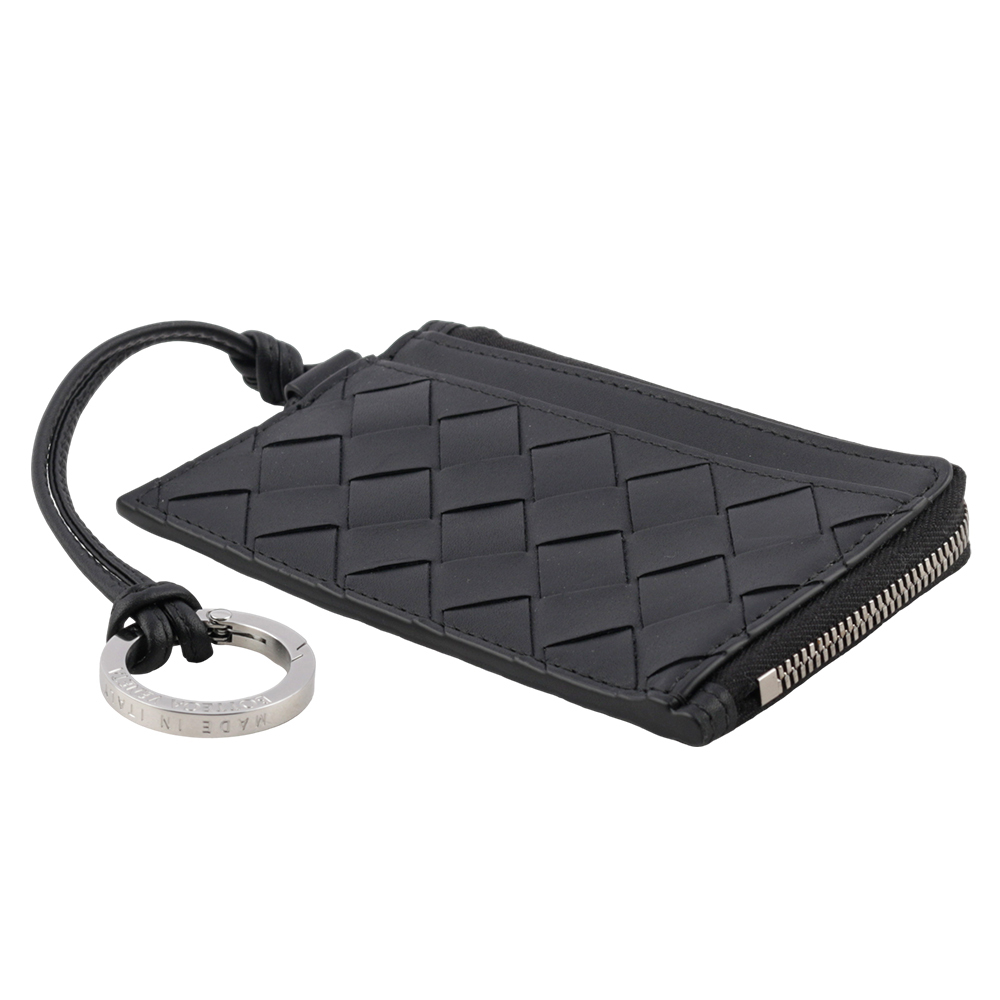 【BOTTEGA VENETA】L 型銀色拉鍊小牛皮編織附鑰匙釦卡包/零錢包(黑色) 775544 VCPQ3 8803