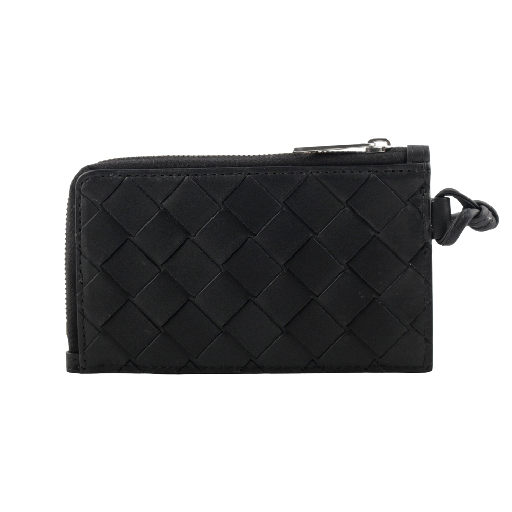 【BOTTEGA VENETA】L 型銀色拉鍊小牛皮編織附鑰匙釦卡包/零錢包(黑色) 775544 VCPQ3 8803