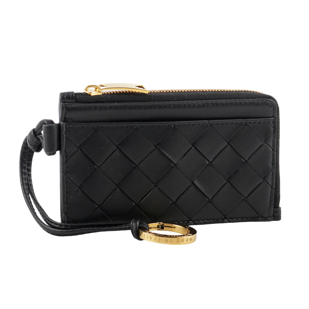 【BOTTEGA VENETA】L 型金色拉鍊小羊皮編織附鑰匙釦卡包/零錢包