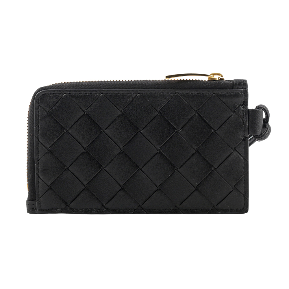 【BOTTEGA VENETA】L 型金色拉鍊小羊皮編織附鑰匙釦卡包/零錢包(黑色) 776032 VCPP3 8425