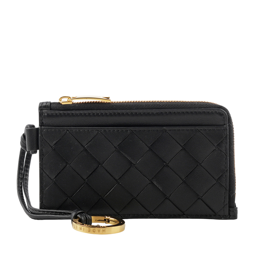 【BOTTEGA VENETA】L 型金色拉鍊小羊皮編織附鑰匙釦卡包/零錢包(黑色) 776032 VCPP3 8425