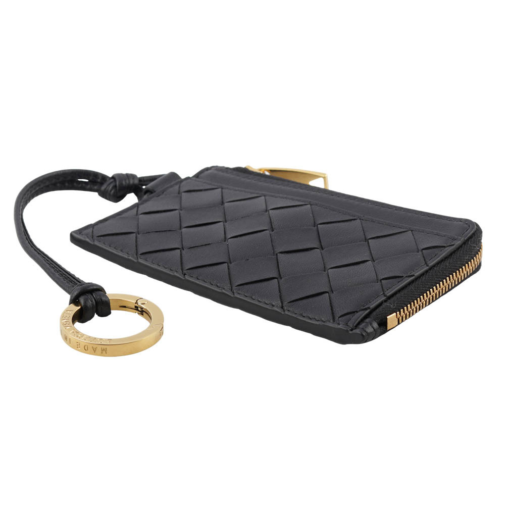 【BOTTEGA VENETA】L 型金色拉鍊小羊皮編織附鑰匙釦卡包/零錢包(黑色) 776032 VCPP3 8425