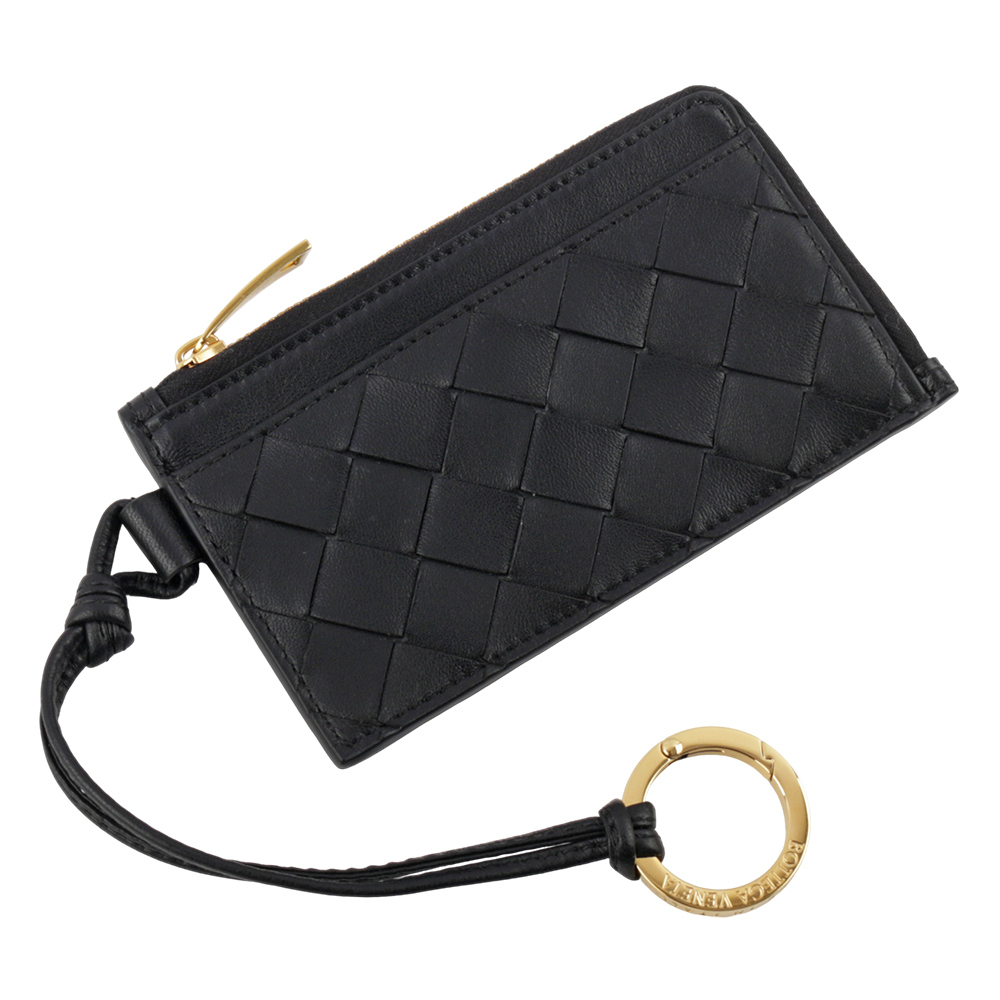 【BOTTEGA VENETA】L 型金色拉鍊小羊皮編織附鑰匙釦卡包/零錢包(黑色) 776032 VCPP3 8425