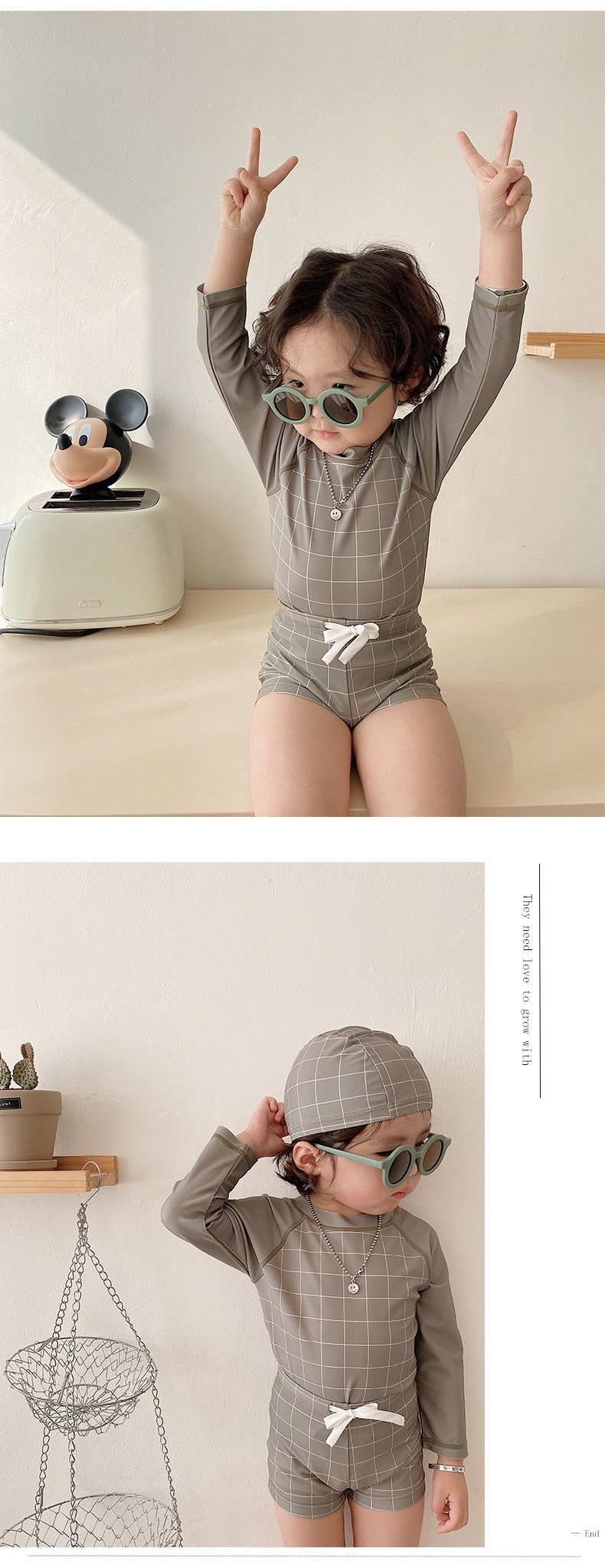 灰綠格子長袖套裝泳衣