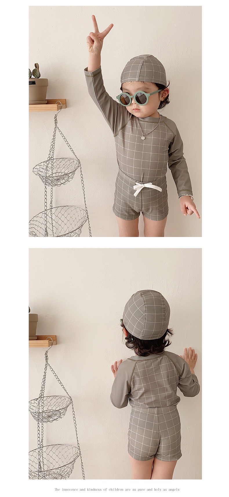 灰綠格子長袖套裝泳衣