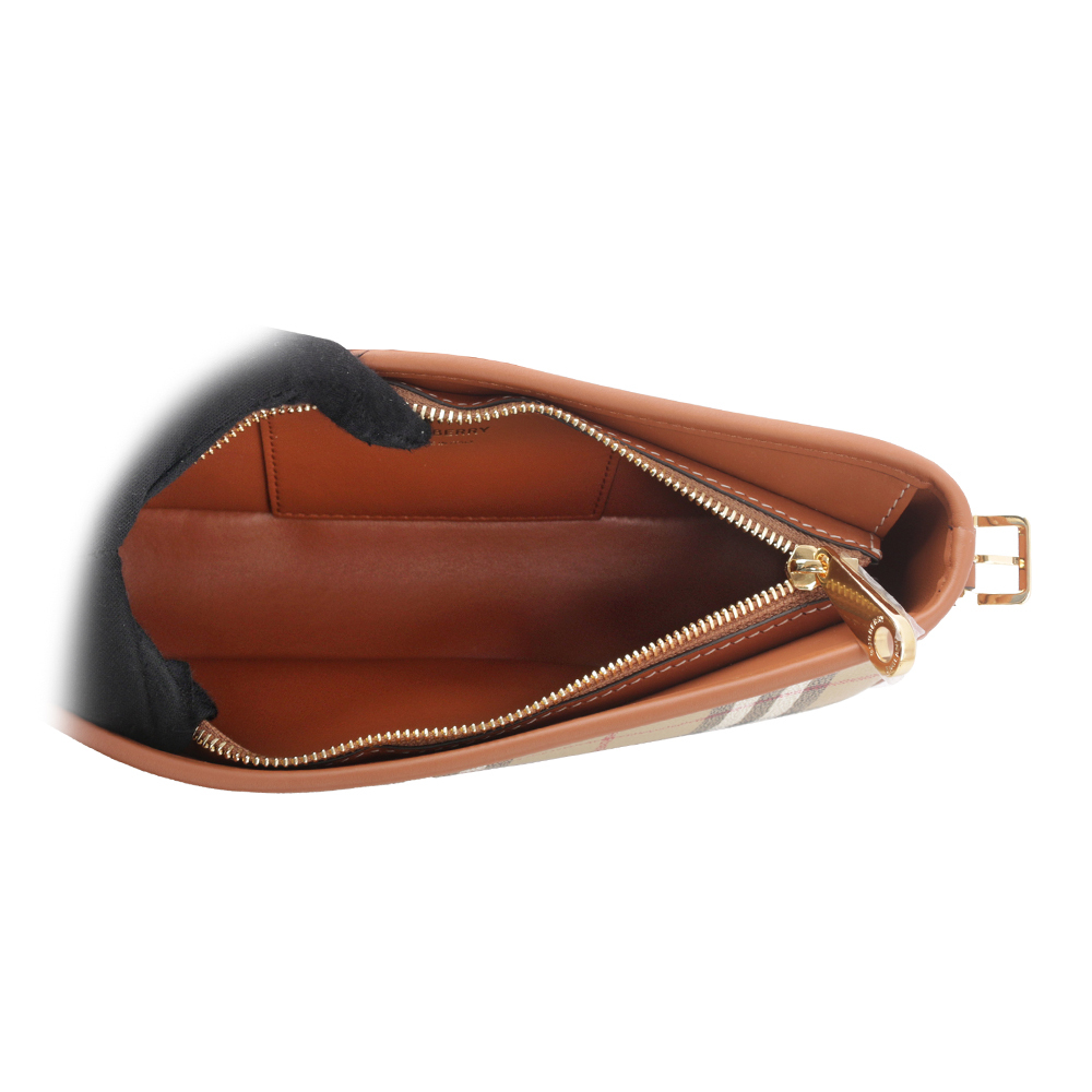 【BURBERRY】Sling 經典格紋風衣釦肩背包(經典米色/石楠木棕色) 8070563 A9534