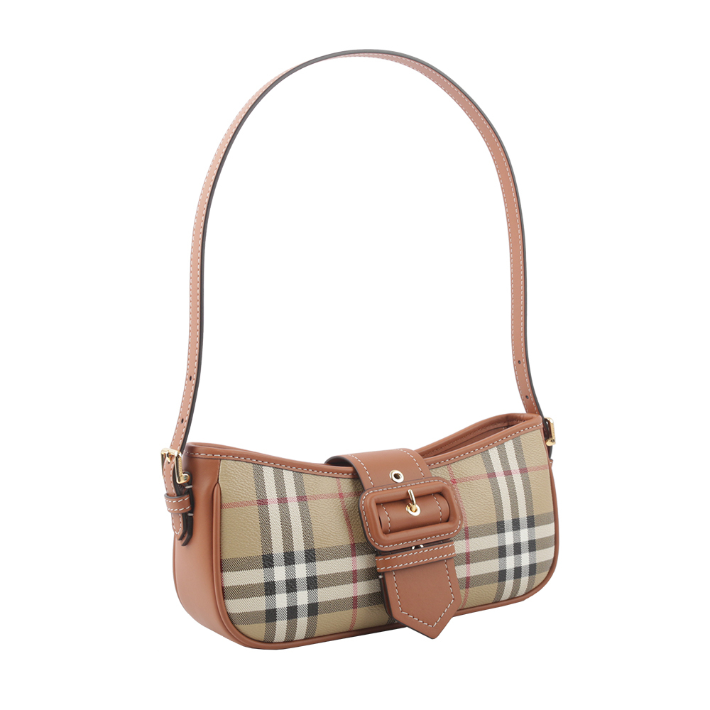 【BURBERRY】Sling 經典格紋風衣釦肩背包(經典米色/石楠木棕色) 8070563 A9534