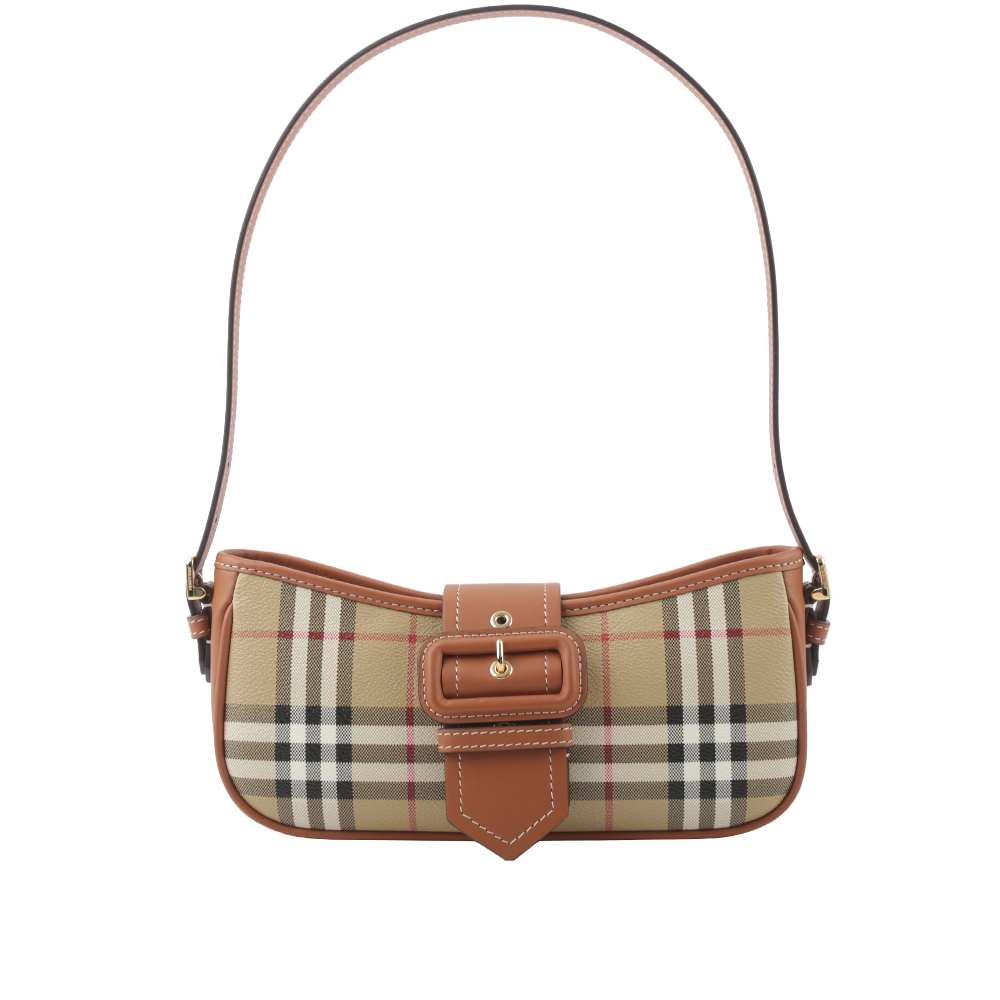 【BURBERRY】Sling 經典格紋風衣釦肩背包(經典米色/石楠木棕色) 8070563 A9534
