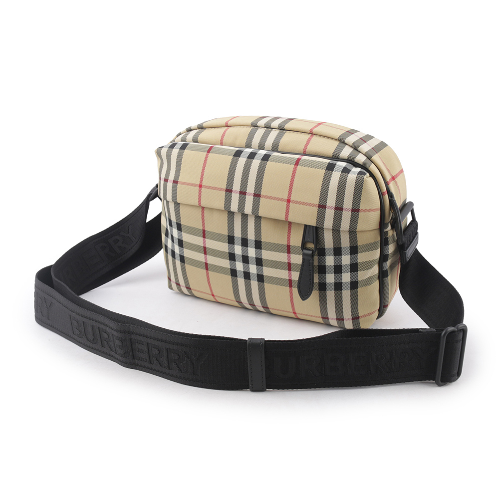 【BURBERRY】Paddy 格紋尼龍帆布拉鍊斜背包(經典米色) 8084111