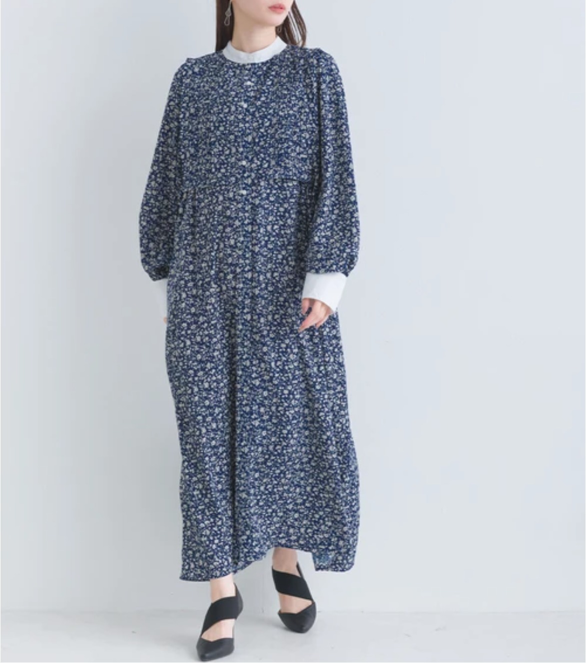深藍色碎花雪紡連身裙【日本直送】