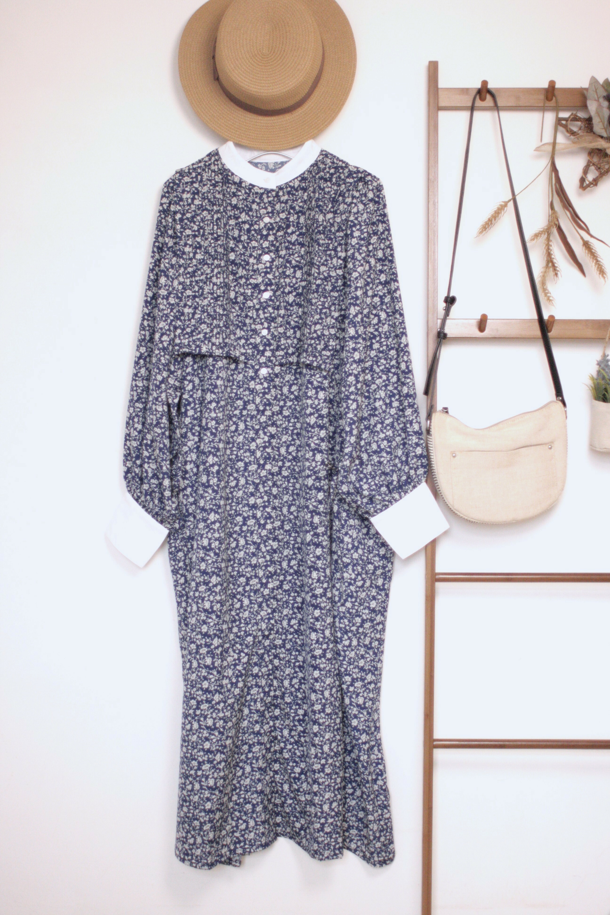 深藍色碎花雪紡連身裙【日本直送】