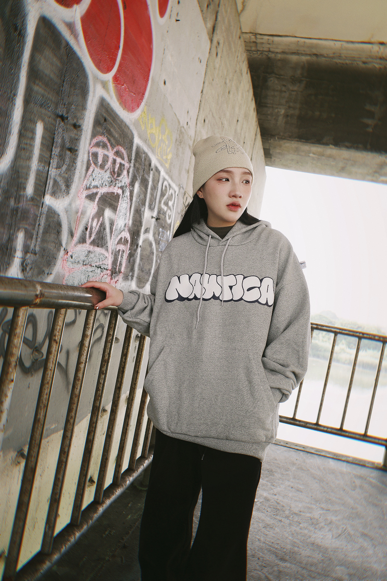 <快速出貨>NAUTICA 雙面穿帽TEE 麻灰