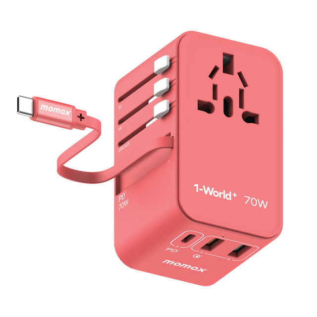 Momax 1-World+ 70W GaN 3插口及內置伸縮USB-C充電線旅行插座 UA18