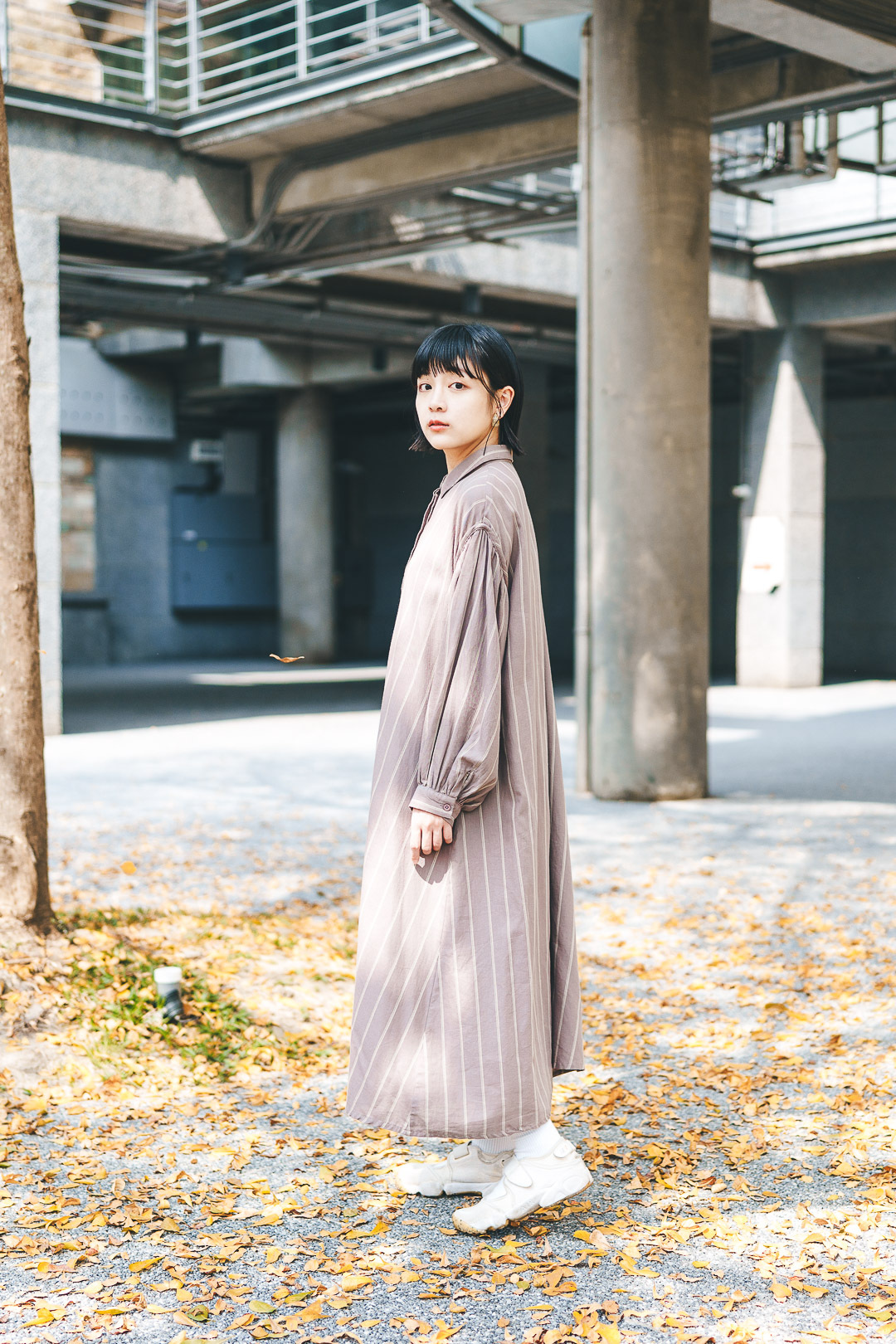 春日の假期！淺斜紋襯衫連衣裙(兩色-藕荷)