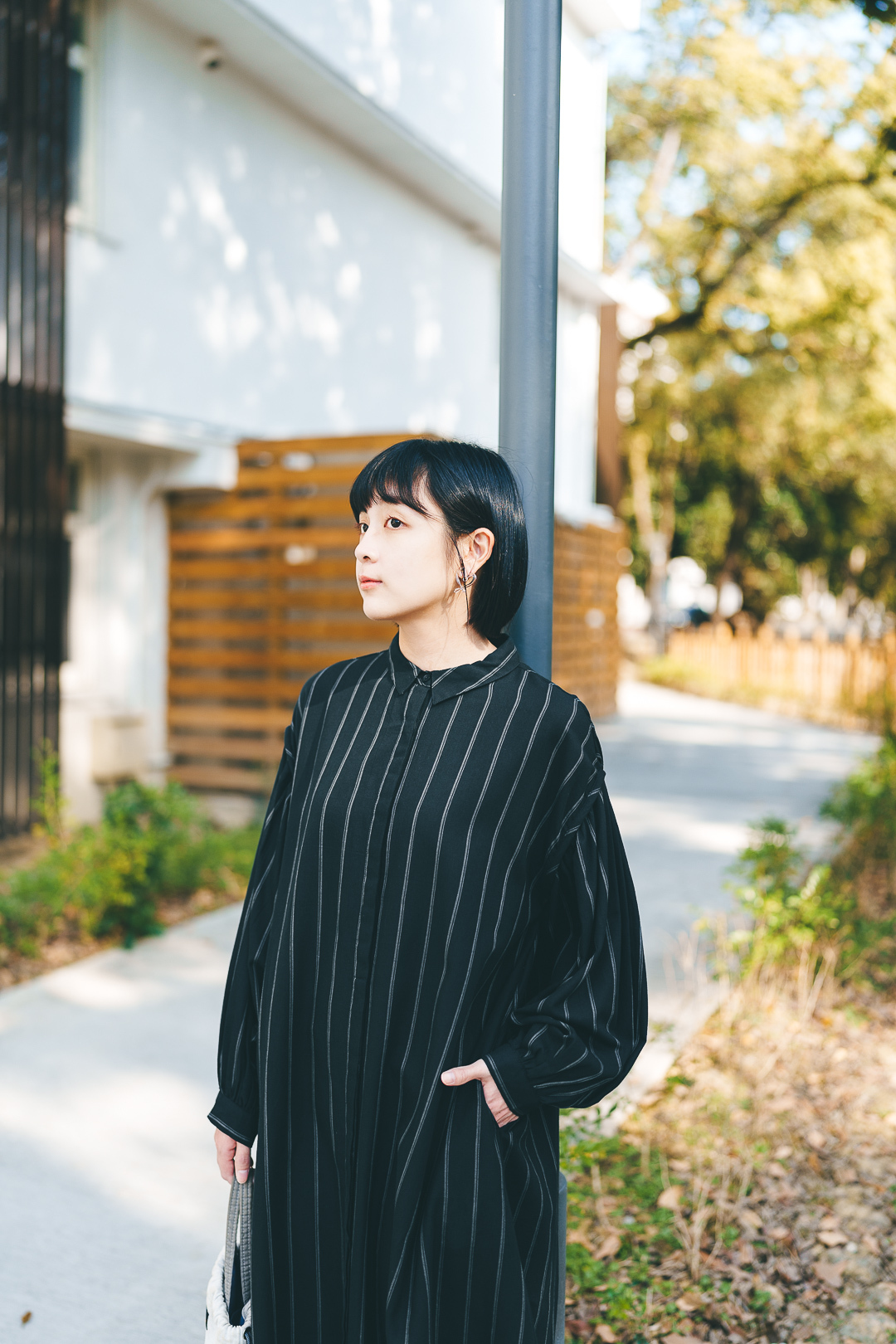 春日の假期！淺斜紋襯衫連衣裙(兩色-灰黑)